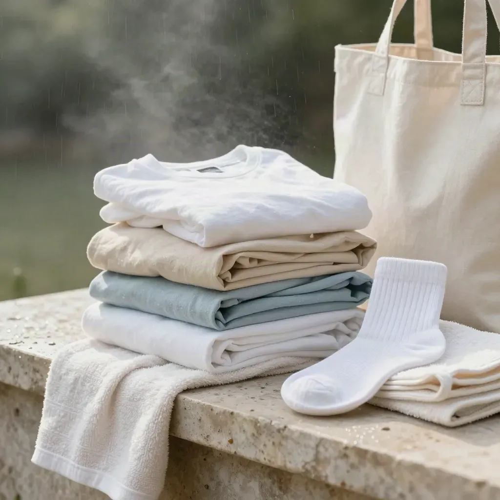 Folded organic cotton tees with tote, socks and towel on rain-kissed stone in soft morning light.