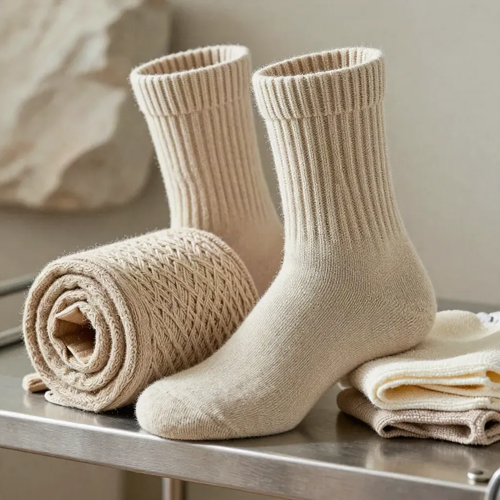 Macro of rib-knit cotton crew socks rolled beside a folded wash cloth