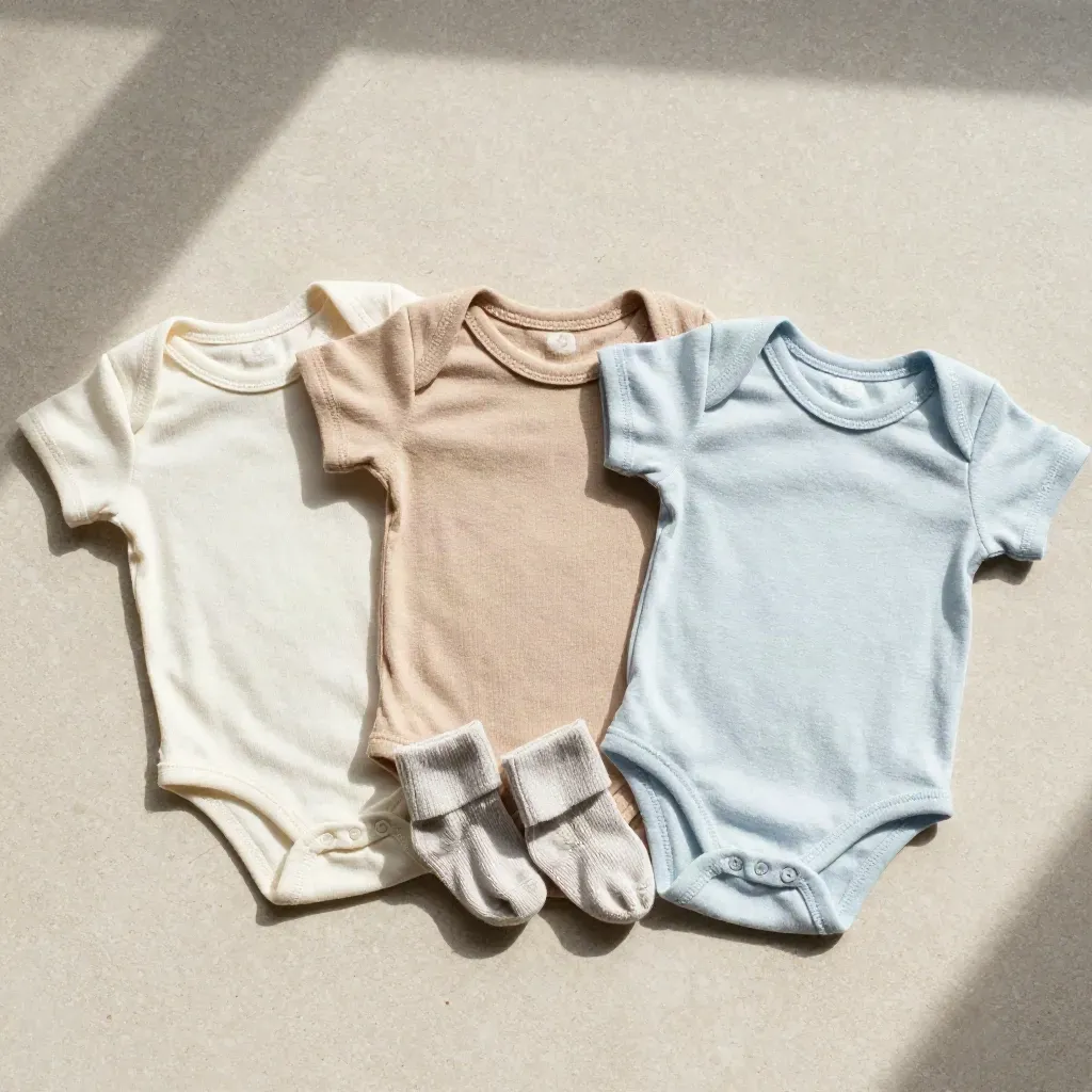 Overhead flatlay of three tiny cotton bodysuits with bib and knit socks on a warm stone slab.