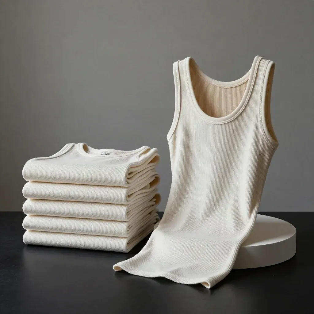 Two rib tank tops on a pedestal in a dramatic studio product shot