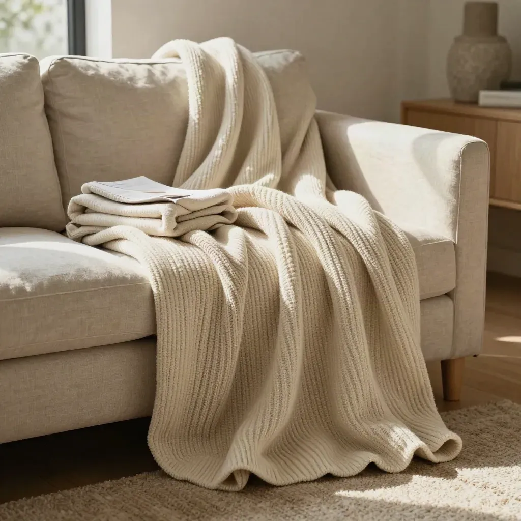 Cotton throw blanket draped over a linen sofa, cascading onto a wool rug in soft daylight.