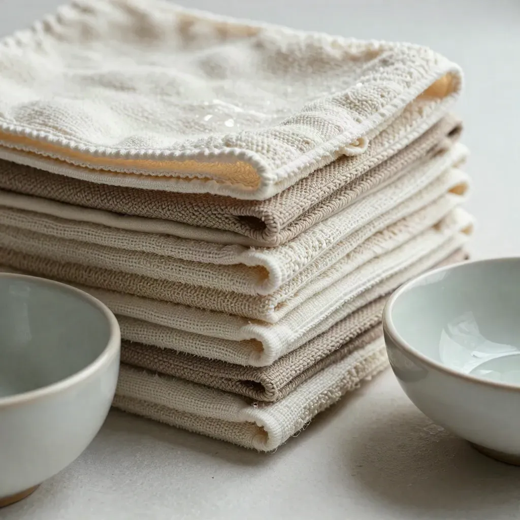 Six damp cotton washcloths stacked beside a pale ceramic bowl, seen in tight macro.