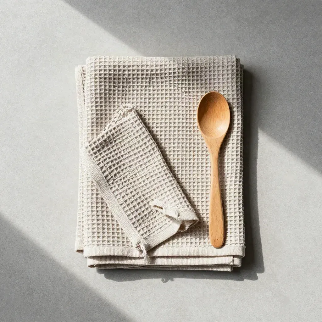 Overhead flatlay of four textured cotton kitchen towels with a wooden spoon on pale concrete